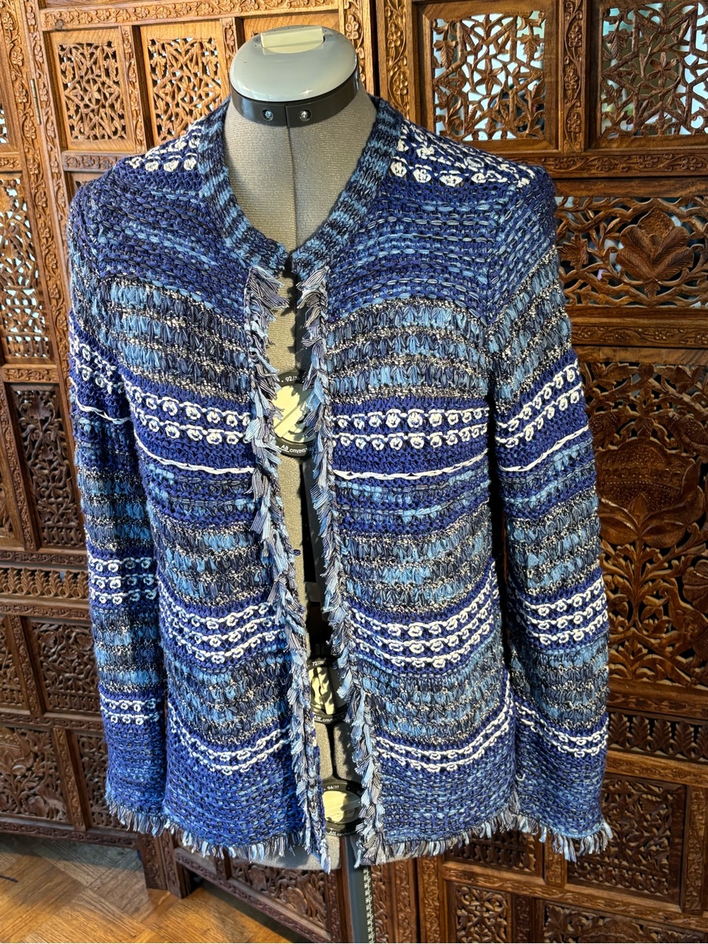 Chico's Multi-Blue Textured Open-Front Cardigan